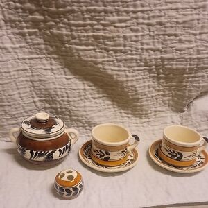 Vintage Ceramic Talavera (MEXICAN) Tea Set with Leaf Design and Mini Ceramic Pot